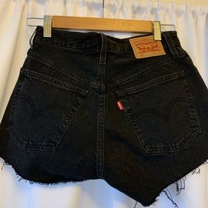 LEVI’S 501 high rise black denim shorts distressed